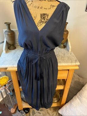 Ramy Brook Navy V-Neck Sleeveless Midi Dress with Waist Tie Silk Embroidered!M